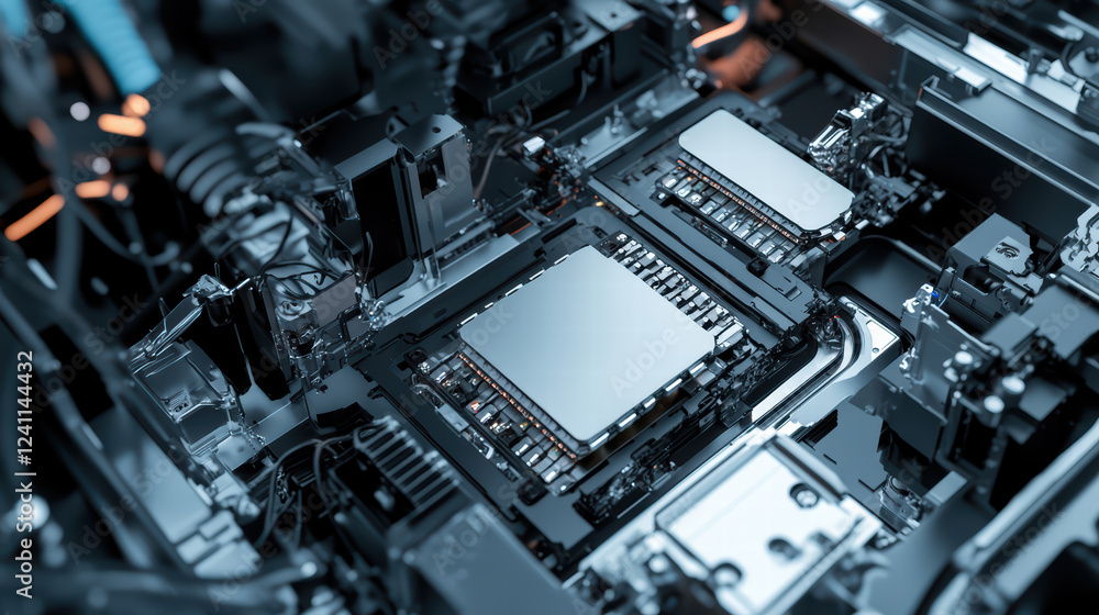 Poster close up view of high tech assembly line featuring electric car battery cells, showcasing intricate 