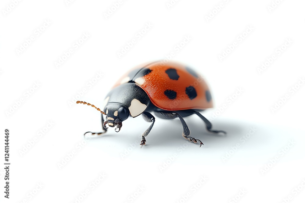 Poster detailed macro view of red ladybug with black spots on white background, showing intricate features 