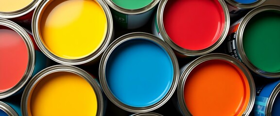 Cans of Colorful Paint, Top View of Open Paint Buckets with Vibrant Colors, color palette, paint industry, glossy paint