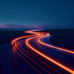 Naklejka premium Long exposure shot of winding road with glowing orange light trails against dark blue twilight sky, creating dynamic curves and leading lines in night landscape.