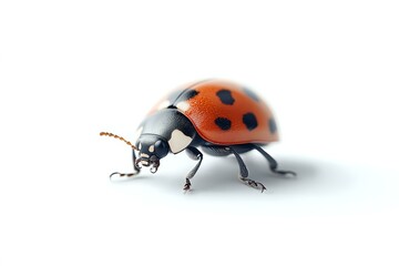 Fototapeta premium Detailed macro view of red ladybug with black spots on white background, showing intricate features and natural texture. Isolated design element for nature projects.