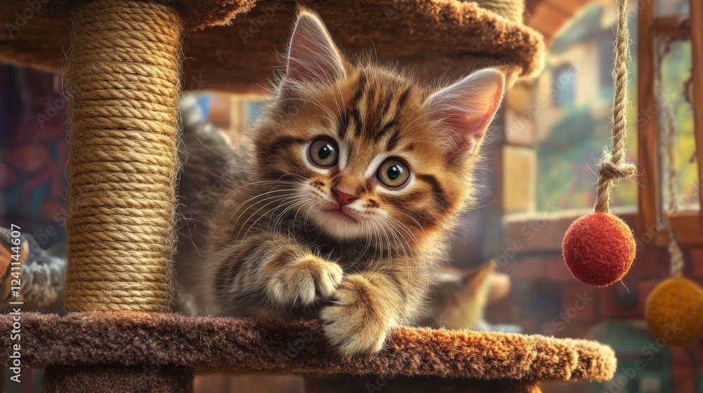 Poster A playful scene of a kitten exploring a multi-level cat house, filled with scratching posts and hanging toys, capturing the curiosity and energy of young cats.