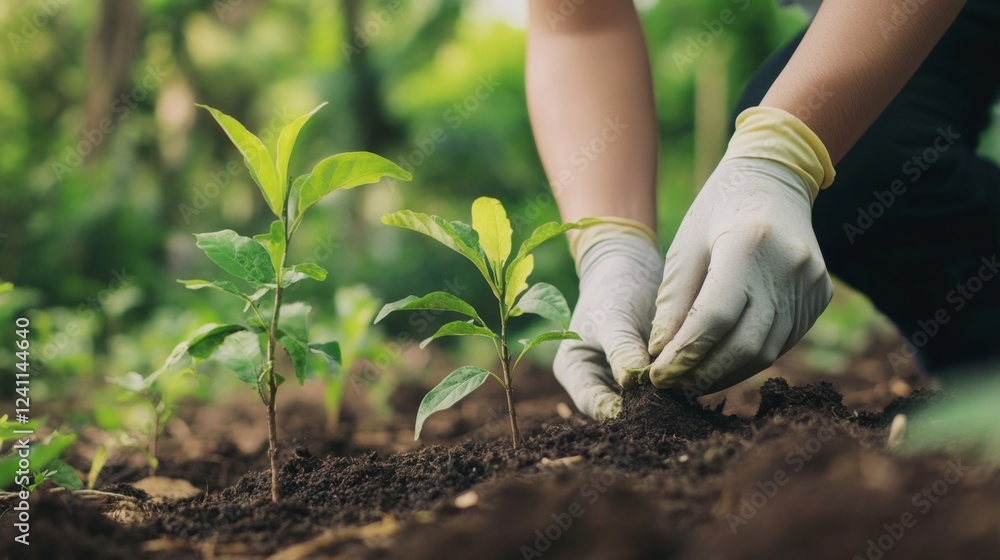 Poster a researcher measuring the growth of newly planted trees, surrounded by lush greenery, demonstrating