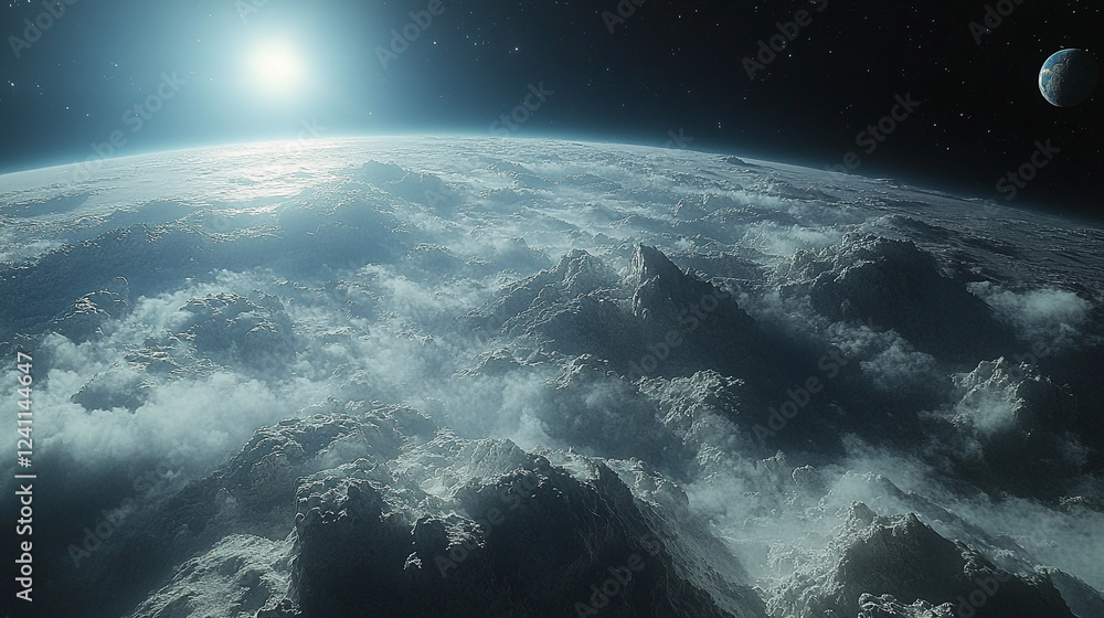 Poster breathtaking view of a cloudy planet from space with a distant sun and moon