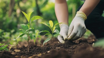 A researcher measuring the growth of newly planted trees, surrounded by lush greenery, demonstrating the importance of monitoring reforestation projects.