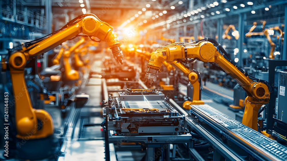Poster industrial robots assembling products in a high-tech factory setting at sunset