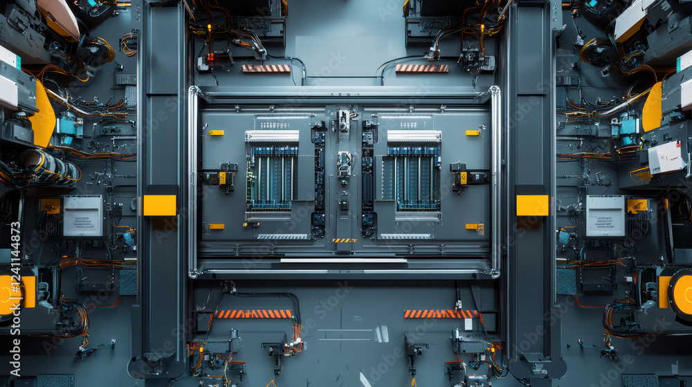 Poster high tech robot assembly line with electric car battery cells, showcasing advanced machinery and int