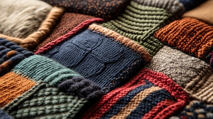 Fototapeta premium DIY Fashion Trends Recycling Eco-Friendly Ideas. A close-up view of a colorful knitted patchwork, showcasing various textures and patterns in vibrant yarn colors.