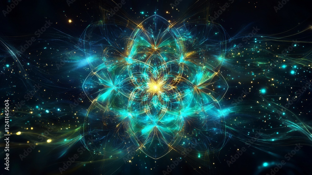 Poster vibrant abstract design showcasing radiant patterns and colors in a cosmic background