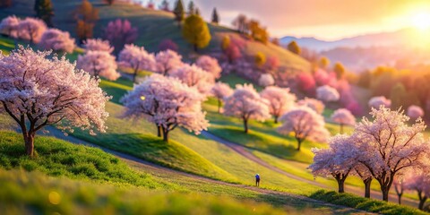 Miniature Cherry Blossom Hillside: Spring Bloom in Tilt-Shift Photography