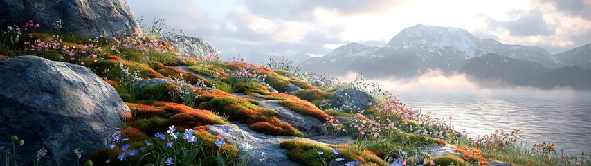 A serene landscape featuring vibrant wildflowers blooming over lush green moss on rocky terrain, set against a tranquil lake and majestic mountains under a soft, glowing sky.
