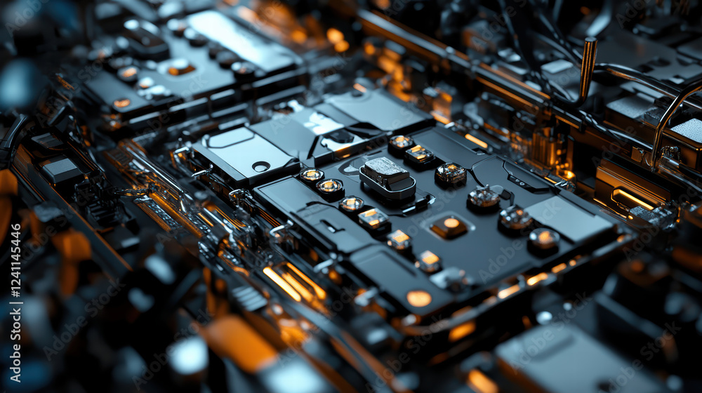 Poster close up view of intricate electronic circuit boards with glowing components, showcasing technology 