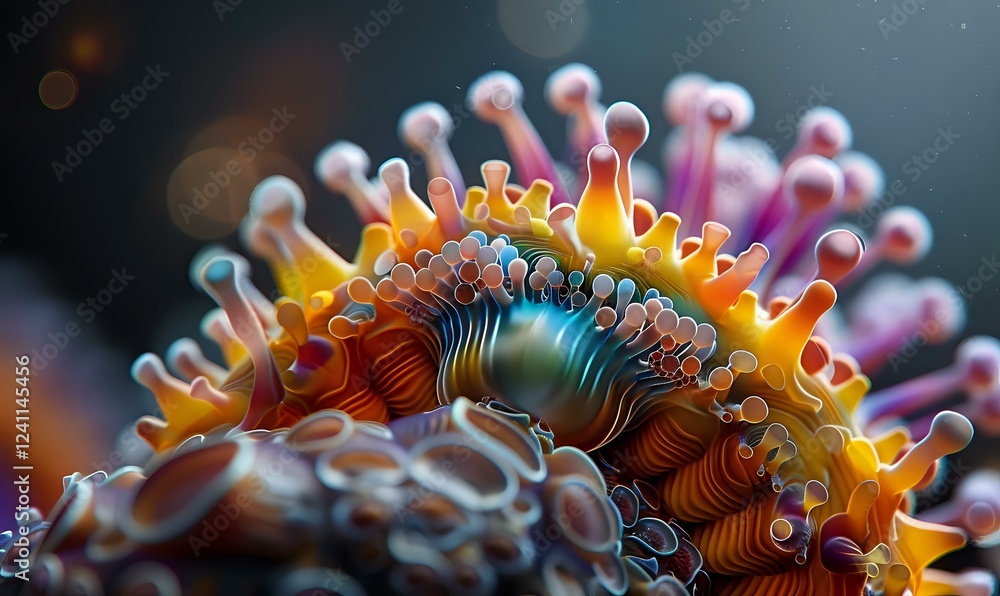Poster microscopic view of coronavirus structure with detailed spikes and metallic gradient surface showing
