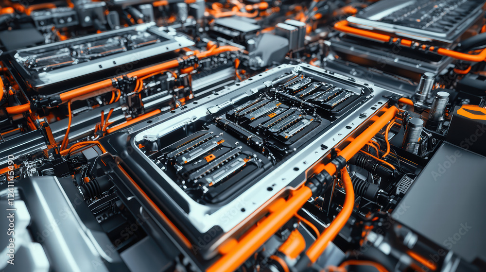 Poster high tech electric car battery assembly with intricate wiring and components. image showcases detail