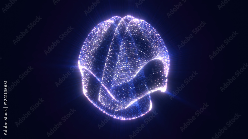 Poster purple and red glowing sphere encircled by sparkling light particles, creating a vibrant cosmic spec