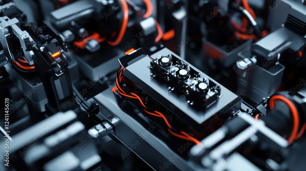 Aufkleber high tech electric car battery assembly line with intricate machinery and wiring. image showcases ad