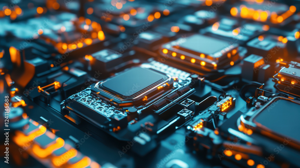 Poster close up view of circuit board with glowing components, showcasing intricate details and vibrant col