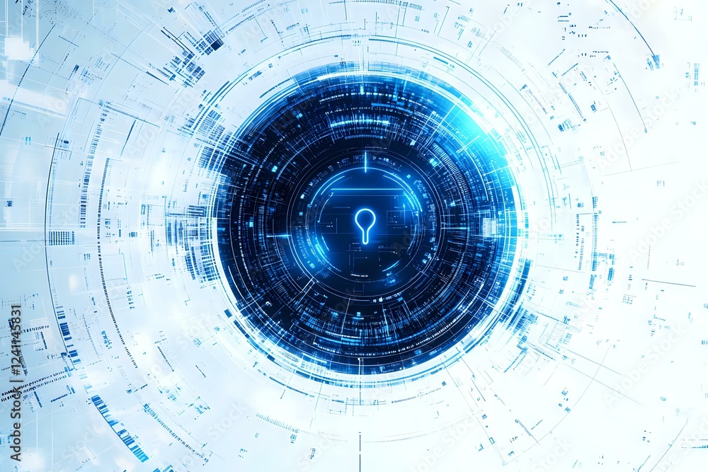 Poster glowing blue circular technology pattern with light bulb icon in center radiates digital data stream