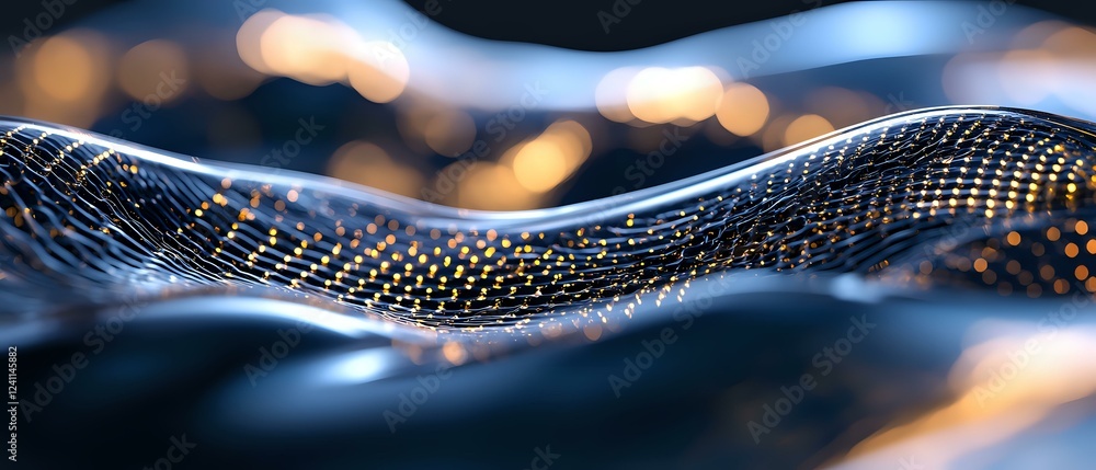Poster futuristic metallic mesh wave with golden bokeh lights creates dynamic flowing motion against dark b