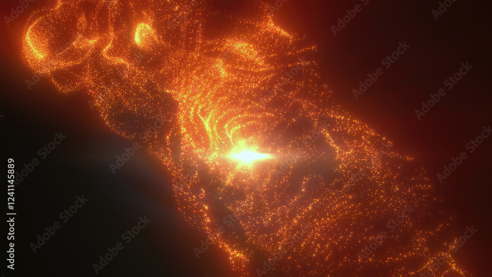 Poster a striking abstract visual of flowing orange and red particles forming a fiery energetic pattern ill