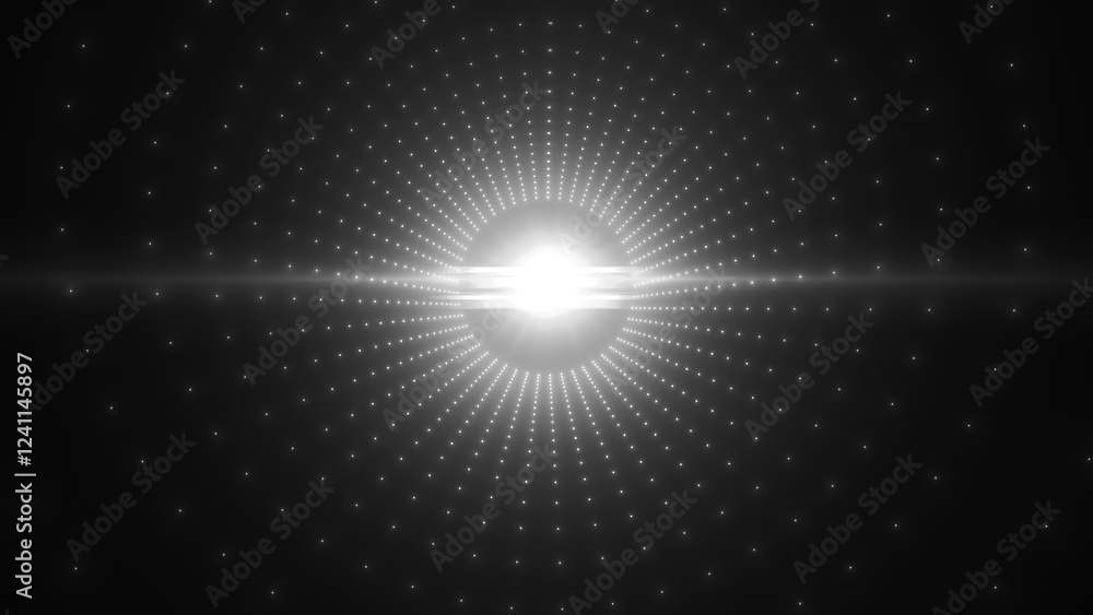 Poster abstract digital grid pattern with glowing white dots radiating tunnel from a central bright light, 
