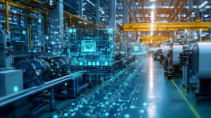 Fototapeta premium Futuristic factory interior showcasing advanced machinery and digital technology