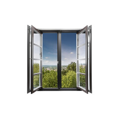 Open Window View Overlooking Green Landscape and Blue Sky