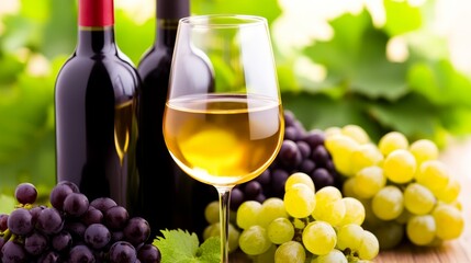 A close-up view of a wine glass filled with white wine, surrounded by red and green grapes, showcasing a vineyard background