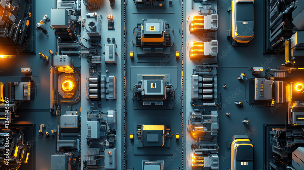 Poster high tech factory assembly line with robotic machinery and electric components. scene showcases intr