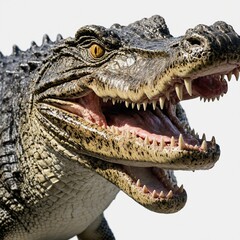Obraz premium A fierce crocodile with its mouth wide open, showing sharp teeth, on a white background.