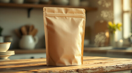 A standing kraft paper bag on a wooden kitchen table, with soft lighting and a neutral, blurred backdrop.