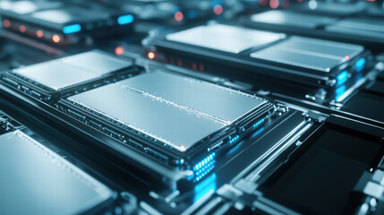 Obraz premium High tech battery cells arranged in futuristic assembly line, showcasing advanced technology and innovation in electric vehicle production