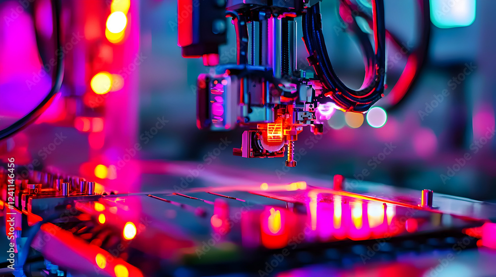 Aufkleber high-tech machinery performing precision tasks in a vibrant, illuminated factory setting