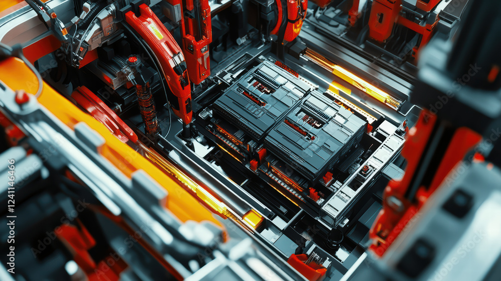 Aufkleber high tech robot assembly line featuring electric car batteries in factory setting. intricate machine