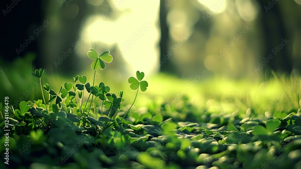 Poster Fresh green clover leaves growing in spring forest moss with soft sunlight creating magical bokeh effect in blurred background. Nature macro photography.