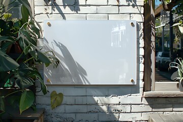 Empty white acrylic glass sign board mounted on brick wall with natural shadow from plants and sunlight, mockup for outdoor business signage display.