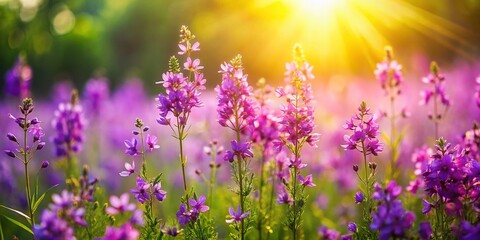 Fototapeta premium Miniature Purple Wildflowers Summer Bloom Closeup Tilt-Shift Photography