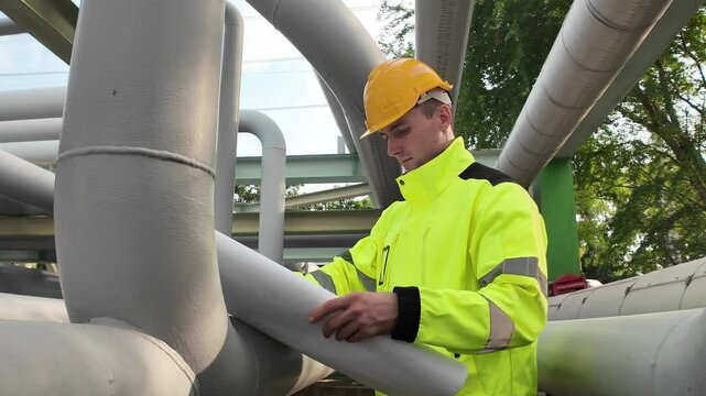 Industrial Site Inspection: A diligent worker in a bright yellow safety jacket and hard hat inspects large industrial pipes at a manufacturing facility, embodying the spirit of industry and safety.