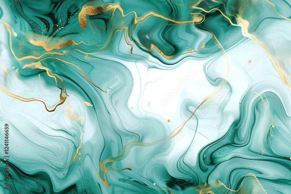 Poster luxurious emerald green and gold marble texture with flowing liquid patterns creates an elegant abst