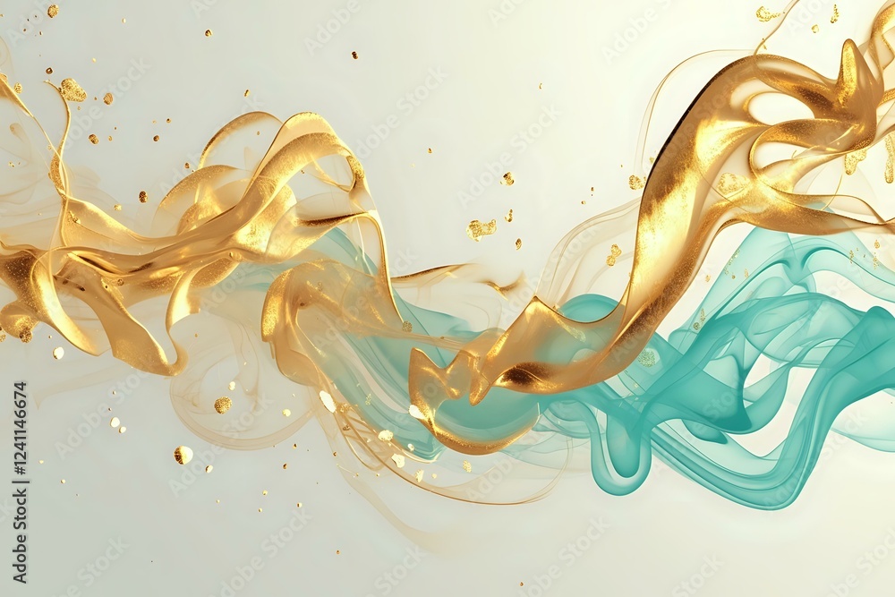 Poster luxurious gold and turquoise liquid splash abstract composition with dynamic fluid motion and elegan