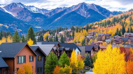 Vibrant autumn landscape showcasing colorful trees and cozy homes nestled in mountainous terrain