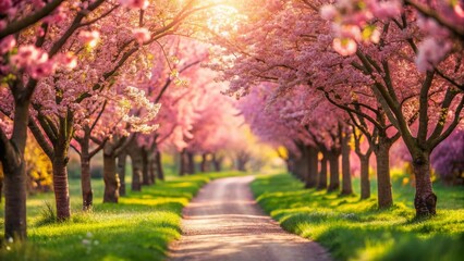 Naklejka premium Miniature Spring Garden: Blossoming Cherry Trees Line Path