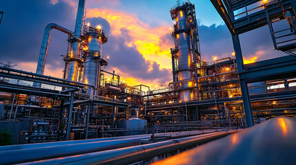 Fototapeta premium Industrial landscape with towering structures and vibrant sunset in the background