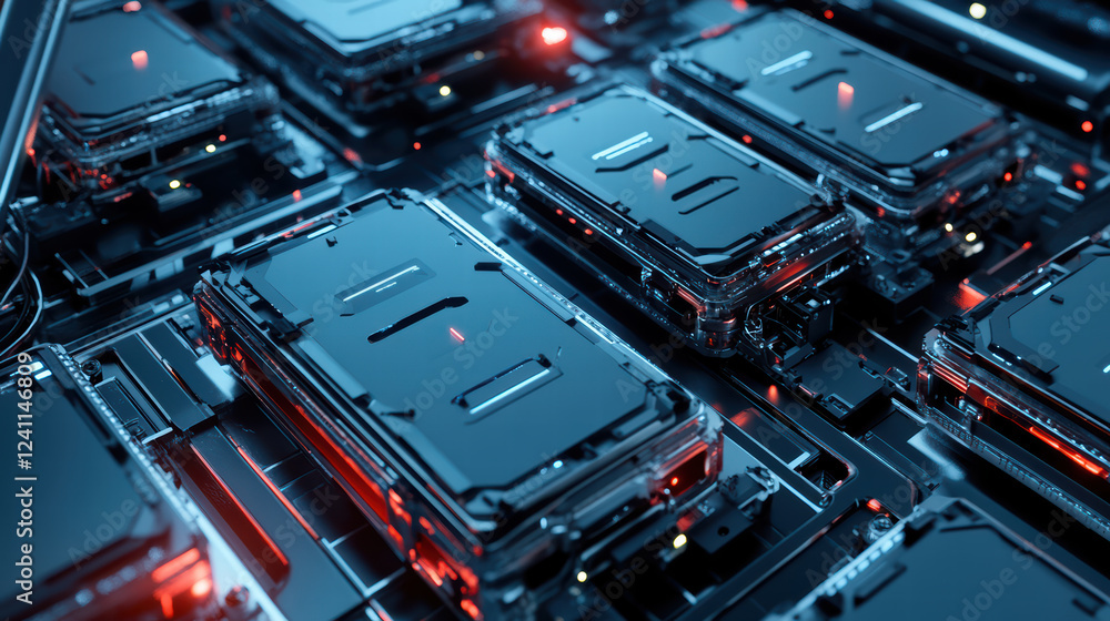 Poster high tech battery packs arranged in futuristic assembly line, showcasing advanced technology and int
