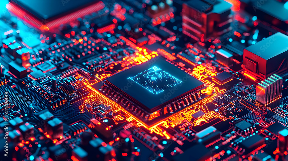 Poster close-up of a glowing microchip on a circuit board with vibrant colors