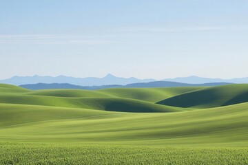Fototapeta premium horizontal landscape photo capturing the essence of nature's beauty, featuring rolling hills, vibrant greenery, and a clear blue sky, evoking serenity