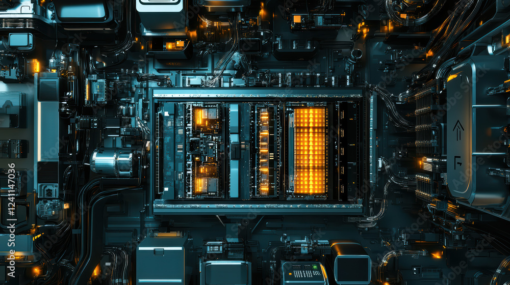 Poster high tech machinery in factory setting, showcasing intricate components and glowing elements. image 