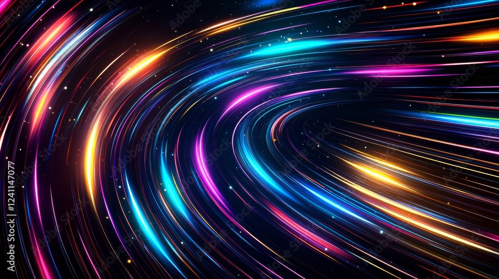 Poster vibrant light trails create mesmerizing patterns in dark space during digital animation