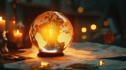 Prediction-themed artwork showing a crystal globe with embedded candlestick charts, glowing softly amidst financial symbols and graphs