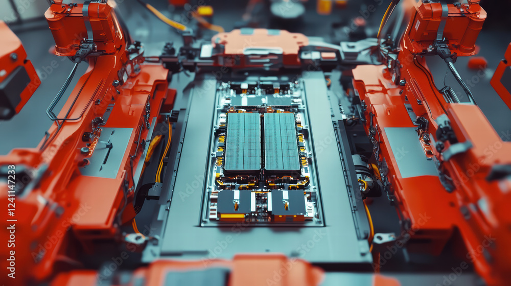Poster high tech robot assembly line in factory for electric car battery production, showcasing intricate m